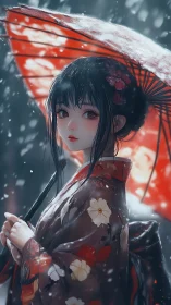 Snow-dusted red umbrella frames a serene kimono girl.