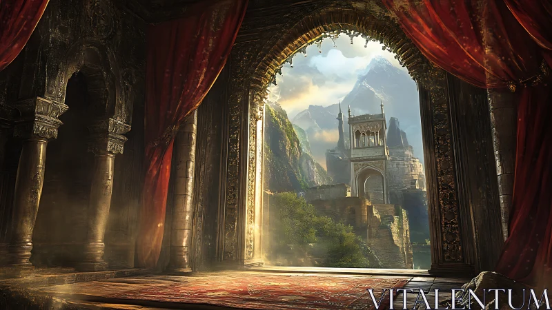 Interior stone archway frames distant mountainous citadel