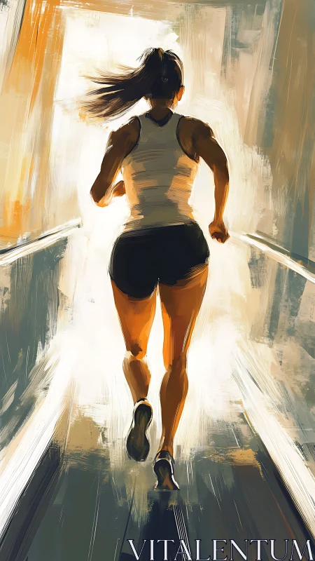 Runner on treadmill sprinting toward bright morning light.