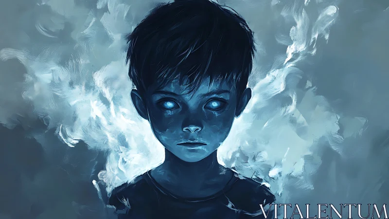 Ethereal blue-eyed child portrait in luminous spectral haze