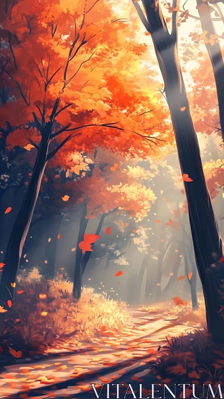 Forest pathway with autumn foliage and atmospheric lighting effects.