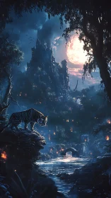 Moonlit tiger watching over an enchanted riverside realm.