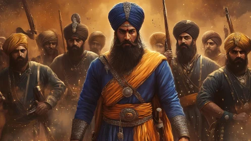 Sikh warriors stand united in battle-ready formation.