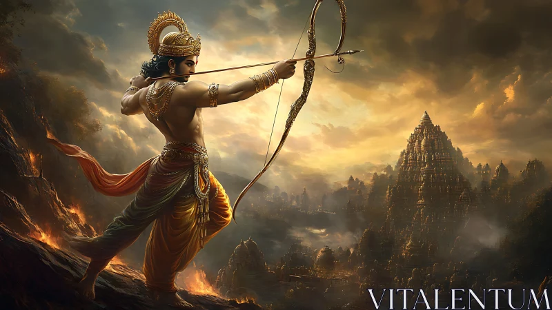 Mythic archer draws a blazing vow across stormlit kingdom sky