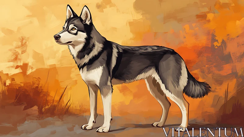 Husky style dog stands in profile against warm abstract field