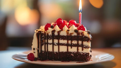 Layered Chocolate Cake with Cherry Garnish and Birthday Candle