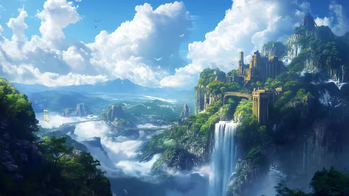 Mountain citadel above waterfalls in lush valley panorama.