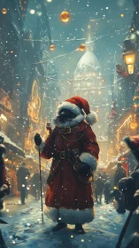 Santa-clad figure in snowy urban street with domed building.