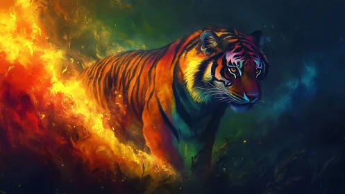 Flame-kissed tiger prowls through twilight storms of color