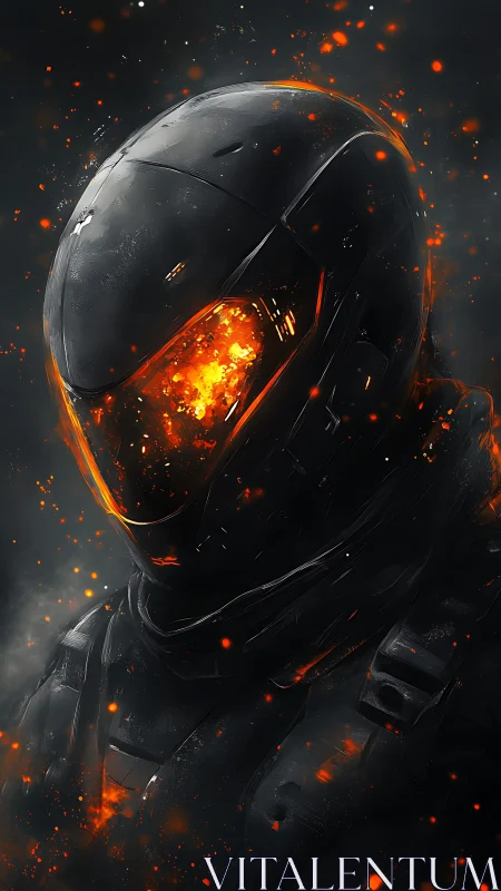Armored sci fi soldier stands in embers and molten light