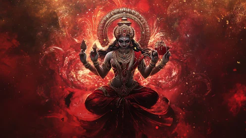 Fiery goddess figure glows in swirling red cosmic light