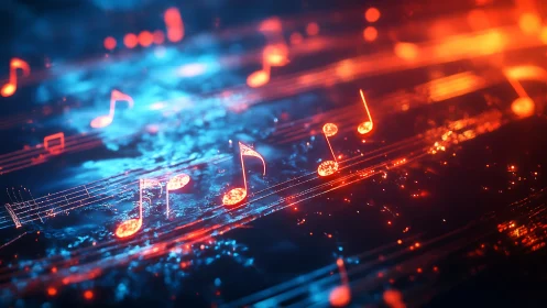 Neon music notes on glowing bokeh soundwave circuitry field