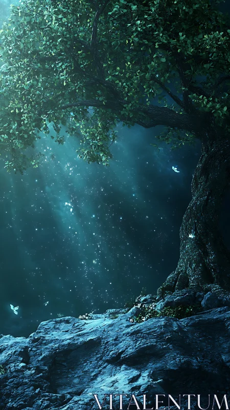 Moonlit enchanted tree above glowing rocky ledge at night.