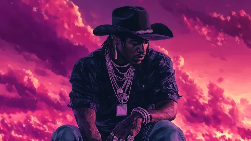 Cowboy rapper broods under neon magenta storm sky.