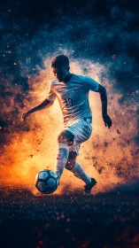 Blazing soccer striker in explosive orange-blue vortex.