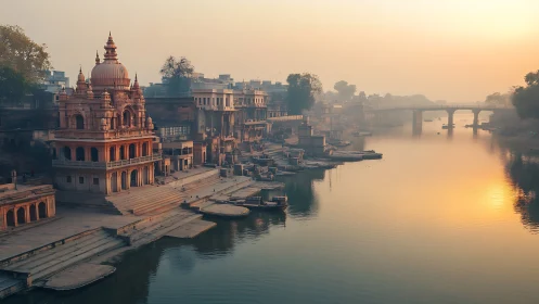 Golden morning light gently embraces a peaceful river city