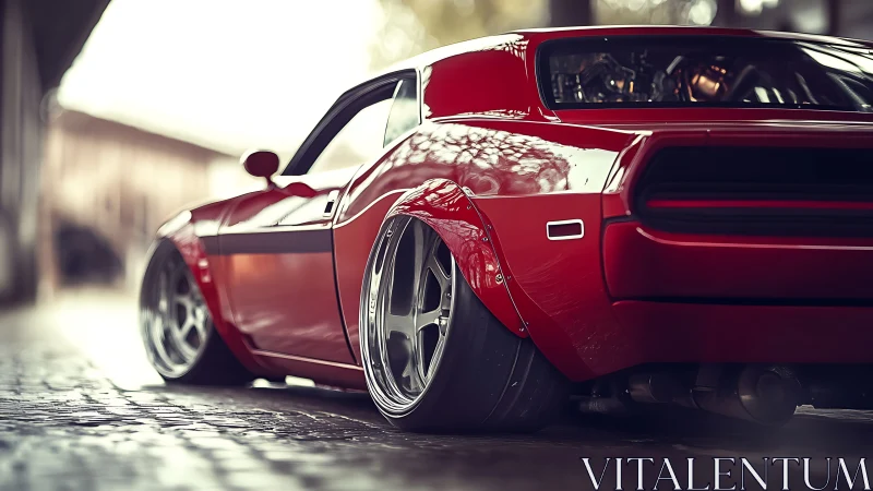 Low-slung red muscle car with widebody stance on street.