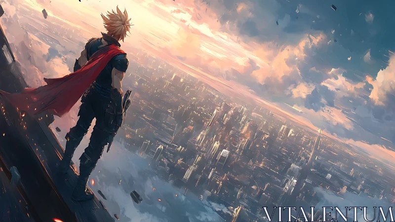 Lone futuristic warrior surveys vast neon metropolis at dusk