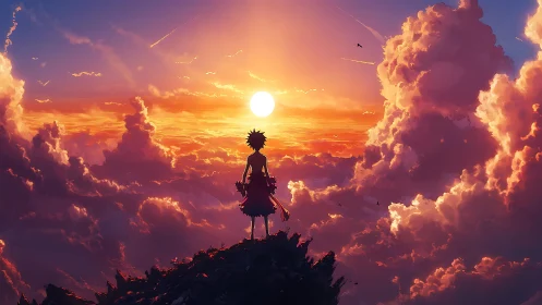 Sunset wanderer stands ready to chase new horizons above clouds