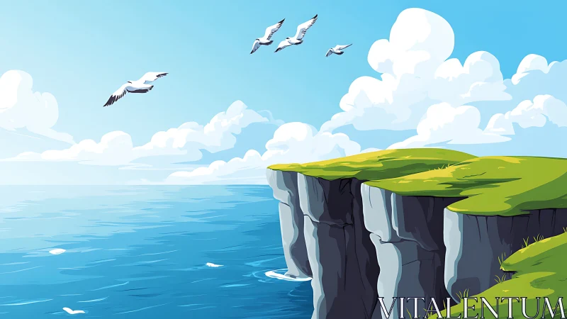 Coastal Cliff Landscape with Birds in Flight. Digital Illustration.