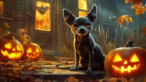 Tiny black dog gazes at glowing jack-o-lanterns on porch steps