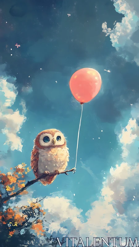 Small owl clutching a red balloon against a painterly sky