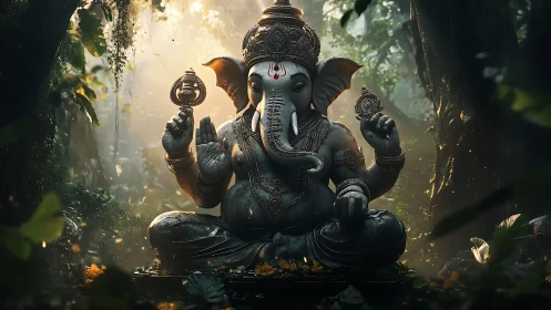 Elephant-headed deity statue in volumetric jungle light study.