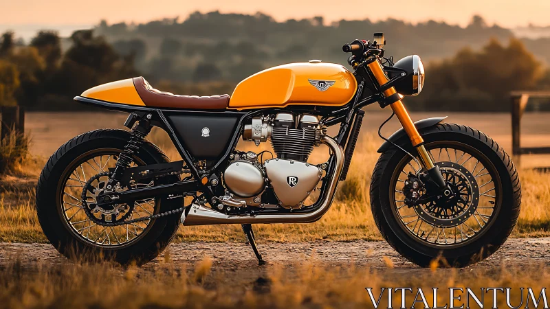 Yellow café racer motorcycle on rural dirt road at sunset.