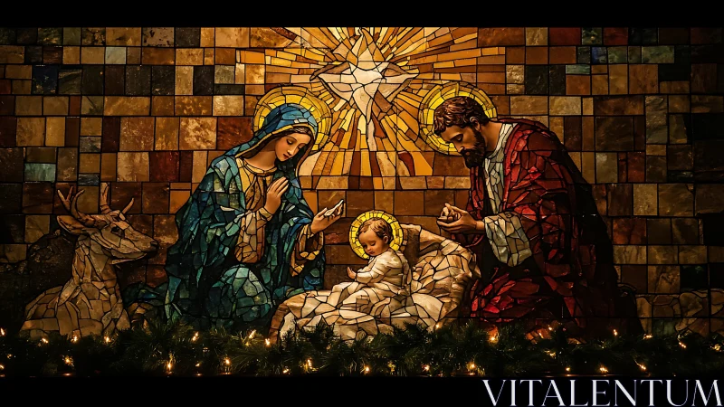 Stained glass nativity scene with Mary, Joseph and child.