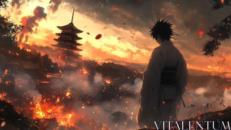 Lone samurai quietly watches a burning sunset city below