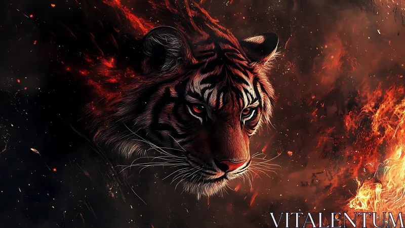 Tiger head emerging through dark smoke and orange flames.