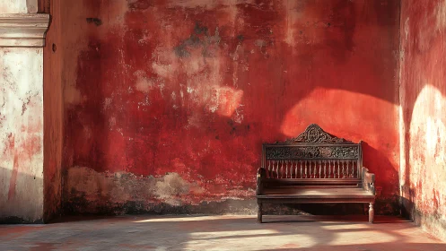 Weathered red stucco wall with carved wooden bench in sidelight