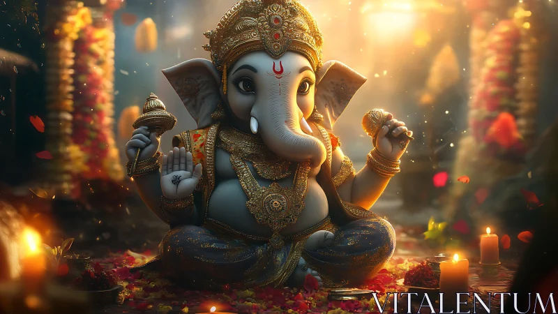Gentle Ganesha in golden light offering calm and blessings.