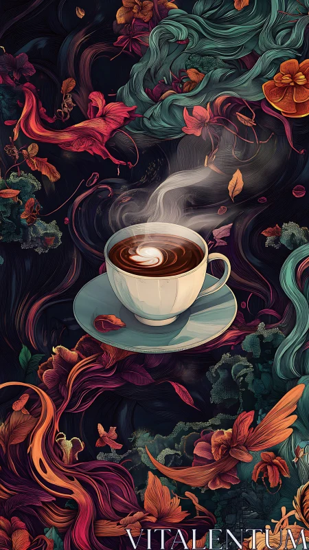 Steaming coffee cup anchors swirling floral dreamscape.