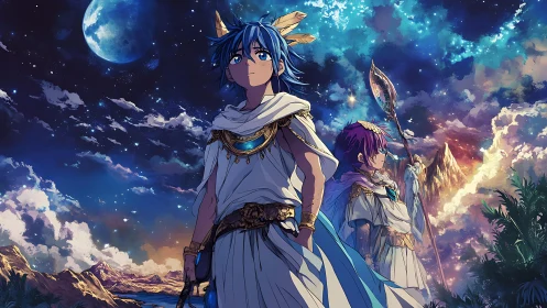 Moonlit skyward heroes beneath cosmic desert wonders.