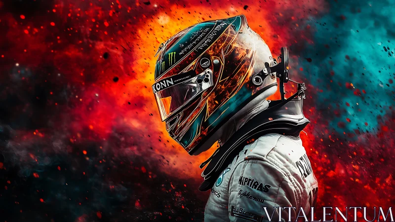 Racing driver in inferno-hued digital explosion portrait.