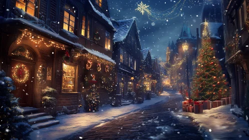Snowy old town street with Christmas lights and tree.