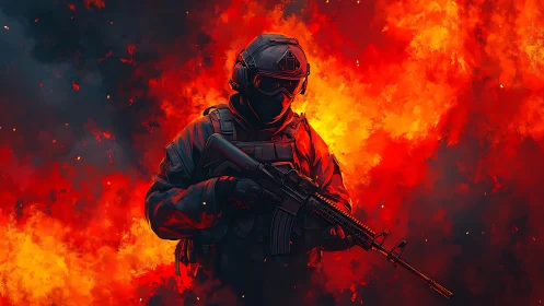 Tactical soldier silhouette framed by infernal firestorm backdrop.