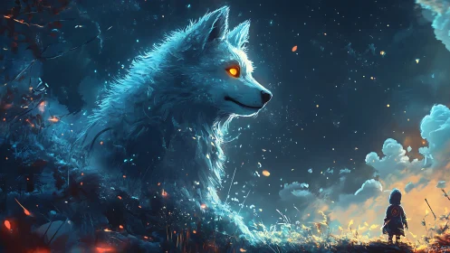 Giant glowing wolf spirit towers over lone child at dusk