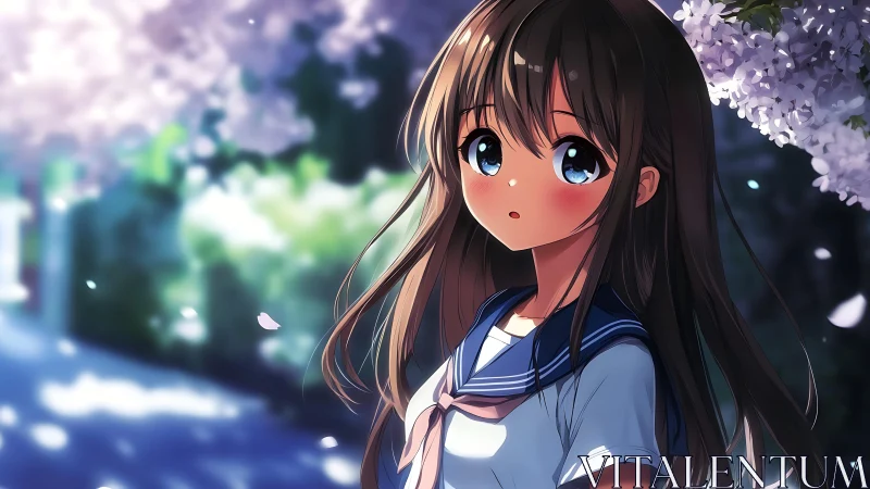Anime schoolgirl under cherry blossoms in soft bokeh lighting.