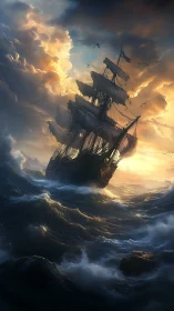Storm-tossed sailing ship chasing light through wild seas.