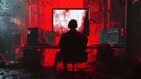 Midnight code conjurer before a bleeding neon firewall.