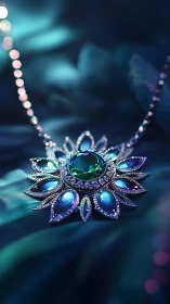 Macro closeup of teal gemstone starburst pendant on silk