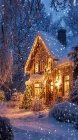 Snow-laden stone cottage with incandescent winter illumination.