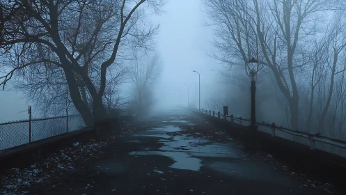 Fog covers deserted winter road with bare roadside trees