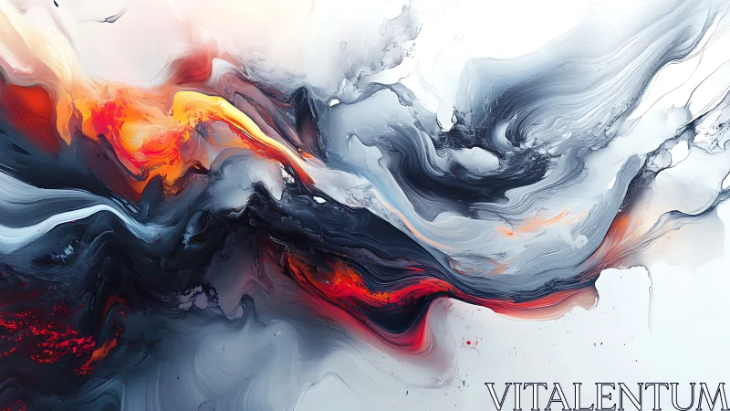 Fiery red and black abstract swirls on bright white field.