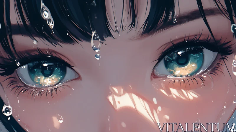 Glistening teal eyes shining through soft summer rain.