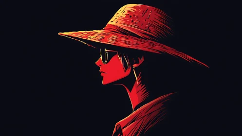 Stylized side profile of person in wide straw hat.