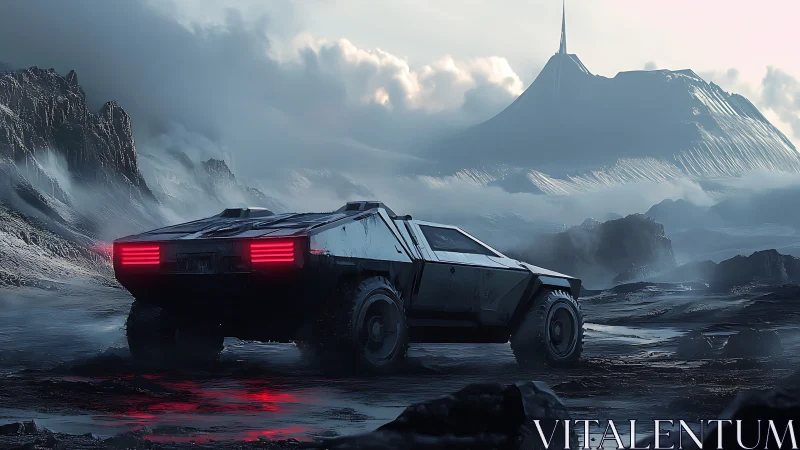 Futuristic rover pauses on a misty alien mountain road.