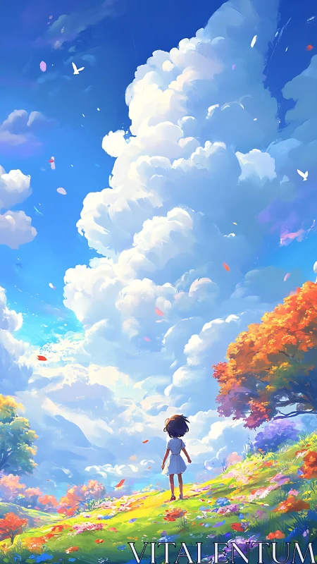 Child on flowered hillside under tall cumulus cloud bank.